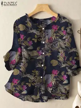 ZANZEA Boêmio de Moda Blusa com estampa Floral e O Decote Manga 3/4 Camisa de Algodão Feminino Casual Elegante Blusas de Trabalho Blusas Camisa