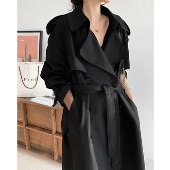 Design Clássico Trench Britânico Casaco De Outono 2023 Vintage Longo Solta Manto Preto Casaco Mujer Blusão Feminino Outerwear
