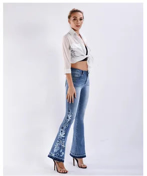 2022 Outono Mulheres Calças De Brim Lavada Azul Jeans Flare Pants Bordado Floral Senhora Do Escritório De Inverno De Moda Skinny Feminina Calças C4310
