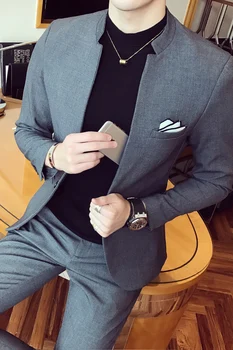 2019 Homens Stand Colarinho de Negócios Ternos Formais Homens Cinza de Casamento de Luxo Smoking Naipes Masculino Magro Casual, Clássico Ternos Jaqueta Calças