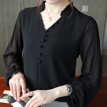 Blusas Mujer De Moda 2021 Preto Vintage Blusa de Chiffon com decote em V Mulheres Camisa coreano de Manga Longa de Mulher Roupa de Senhoras Tops Femme