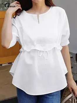 Celmia Babados De Costura Das Mulheres Blusa Branca 2022 Moda Laço Na Gola Redonda Femme Tops Casual Curto Puff Manga Elegante Blusas