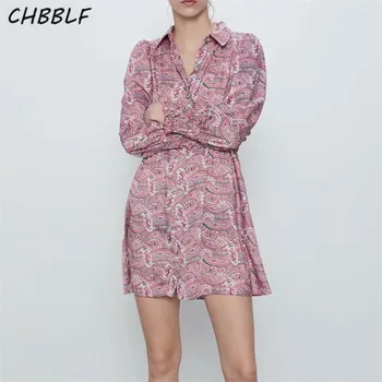 CHBBLF mulheres impressão elegante mini vestido de manga longa plissada design retrô, feminino casual, vestidos de vestidos O9563