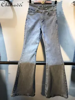 Estilo europeu 2022 Primavera Novo Bordado Pesado Quente de Perfuração Jeans de Cintura Alta Slim, Skinny Stretch Denim, Calças de Mulher Calças