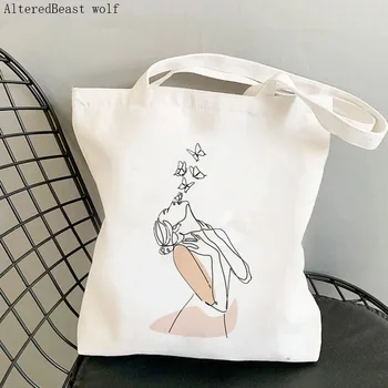Mulheres Shopper bag Mulher com Cara de Desenho de Linha de linha de Saco de Harajuku Compras de Lona Shopper Bag girl bolsa Tote Ombro Senhora de Saco de