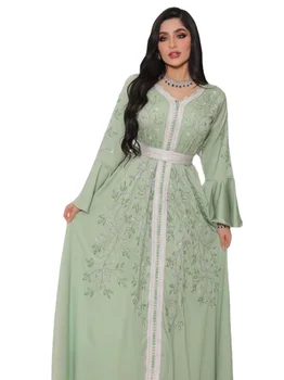 Dubai Abaya De Luxo Para As Mulheres Muçulmanas Floral De Strass, Laço De Fita Painel Com Cinto Vestido Marroquino Kaftan Islâmica Vestidos De Ramadã