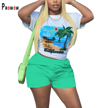 Prowow Casual Mulheres Conjunto de Roupas de Impressão de T-shirts Brancas Calções Verdes de Duas peças de Verão Ternos 2022 Novo Feminino Roupas de Streetwear