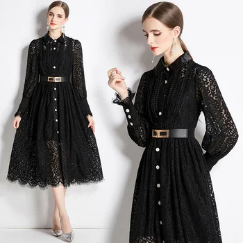 Novo e elegante vestido das mulheres de temperamento Brincalhão simples de cor sólida moda senhoras vestido de crochê oco francês vestido de renda preto vestido