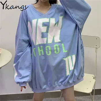 Letra Imprimir V-Neck Folgado Streetwear Longa T-shirt Estética Harajuku coreano Roupas Macio Azul Casual Chic Doce Pulôver de Mulheres