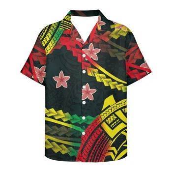 Samoa Havaiano Hibiscus impressão Roupas Slim V-Pescoço Curto Mangas de Camisas masculinas, Em 2022, Verão, Primavera E Verão Novas Camisas masculinas
