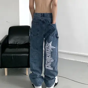 Y2K Mulheres coreano Moda Streetwear Casual Letra Imprimir directamente a Perna Larga Calças Baggy Jeans Calças de Homens de Baixo crescimento Jeans Roupas