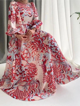 Moda Muçulmana De Manga Longa Vestido Maxi Abaya Manto De Impressão De Grande Oscilação Abayas De Festa Elegante Floral Vestido De Uma Linha Outono Vestidos 2022