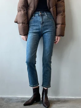 Casual Jeans Vintage Para Mulheres de Fino da Reta de Jeans, Calças de 2022 Outono, Moda de Inverno Novo Cintura Alta Trecho Cropped Jeans Menina