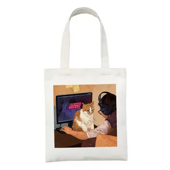 Senhoras Shopper Harajuku Reutilizáveis e Sacos de viagem, Bolsa de Impressão de gato Estética Gráfico de Lona Sacos de Compras Grande Sacola para as Mulheres