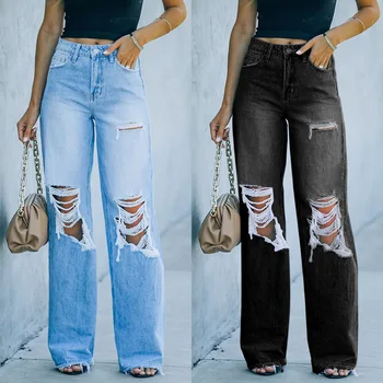 Calças de brim das mulheres da primavera e do outono nova moda casual temperamento solta buraco no jeans wide-legged calças femininas