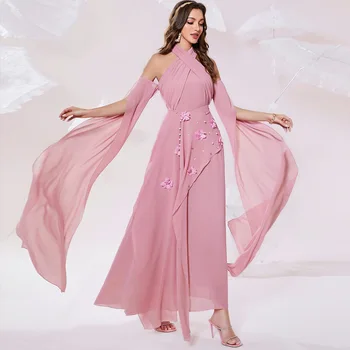 Franceses Britânicos cor-de-rosa applique frisado halter decote off-ombro vestido longo, vestido de verão nobre banquete desempenho senhoras sexy vestido