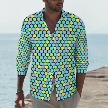 Resumo Geometria Camisa De Homens Colorida Colmeia Camisas Casuais Primavera Estética Gráfico Blusas De Manga Longa Legal De Grandes Dimensões Roupas