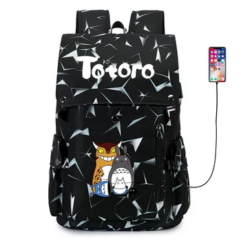 Anime Totoro Impressão de Mochila de Carregamento USB Packsack de Viagem, Saco do Portátil Oxford Pano de Mochila de Estudante Zíper Cartoon Mochila