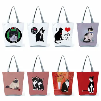 Gato preto Tote Bag Bolsas Reutilizáveis de Supermercado, Saco de Compras de Mantimentos para Senhoras, Sacos de Ombro Exterior Praia Padrão Personalizado