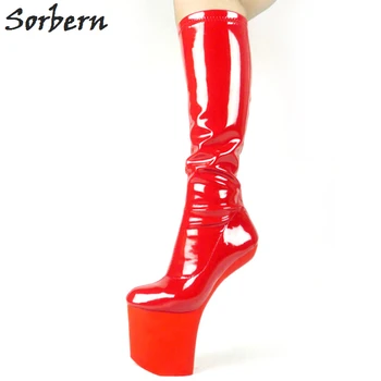 Sorbern Vermelho Sapatos de Couro envernizado Para as Mulheres Fetiche de Salto Alto com 20Cm de Plataforma Heelless Casco Botas Unisex Tamanho Plus Sapatos 43 Personalizado