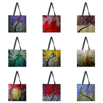 As mulheres da praia do saco dobrável saco de ombro saco de compras da pintura a óleo da árvore de impressão sacola de roupa casual, bolsa sacola reutilizável