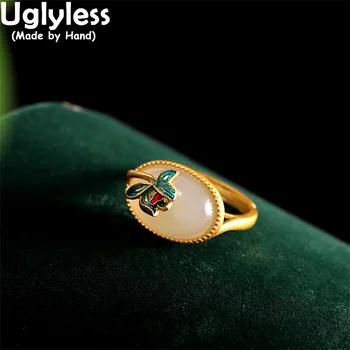 Uglyless Anti-desbotamento do Esmalte Flores de Lótus Anéis para as Mulheres Naturais de Hotan Jade Anéis de Ouro Real de Prata 925 Pedras preciosas Jóias da Moda