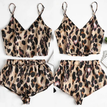 Leopard Pijamas para Mulheres Sexy Pijamas de Cetim de Lingerie em Renda de Pijamas, Tops, Shorts Feminino Cueca Lingeire
