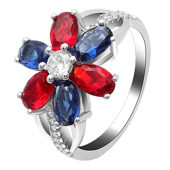 Seanlov De Moda De Luxo Cor De Prata Anéis De Noivado Para A Nova Safra Azul Vermelho Cz Zircão Jóia De Presente De Casamento Anéis De Promessa Para As Mulheres