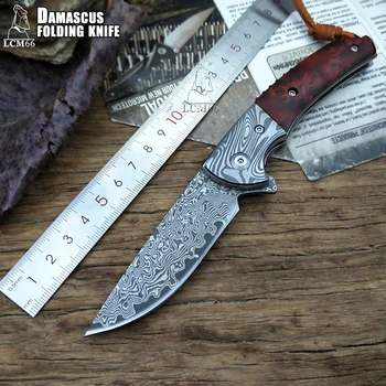 LCM66 Damasco faca Dobrável Artesanal forjada faca a faca de caça 60HRC Ébano lidar com o Portátil faca Ferramentas Afiadas Exterior knif