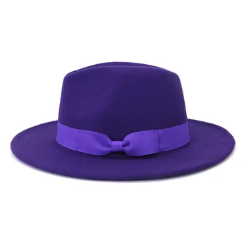 Lavanda bowknot fedoras aba larga do chapéu Panamá, chapéu de feltro de jazz chapéu igreja tampa superior que as mulheres britânicas fedoras chapéus para homens шляпа женская
