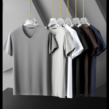 Modal de Gelo de Seda de manga Curta T-shirt dos Homens 2022 Verão de Novo Assentamento Camisa de Cor Sólida com decote em V T-shirt dos Homens de Roupas
