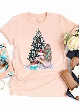 Dom Árvore dos desenhos animados de Feliz Ano Novo Gráfico T-shirt Top Print T-Shirt Feliz Natal Roupa das Mulheres de Roupas de Moda Tee Básica