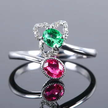 Correspondência de cores duplo de pedra preciosa rubi esmeralda do anel de charme elegante nobre faísca de abertura ajustável s925 de jóias de prata