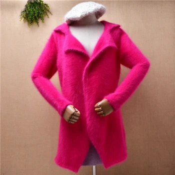 feminino mulheres de roupas de inverno peludo puxar rosa em vison com estampa de cashmere malha terno gola manga longa slim casaco de lã angorá casaco de pele de camisola