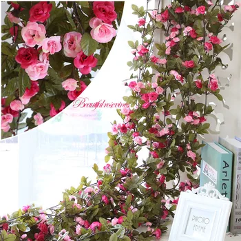 2.3 m de comprimento, de Vime, Cipó Rosas Flores Artificiais Com Folhas Verdes Pendurar a Guirlanda de Flores de Seda Para o Casamento, a Decoração Home