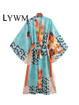 LYWM Mulheres da Moda Impresso Midi quimono Vestido Com Cinto Vintage Mangas Longas com Decote em V Feminino Senhora Chique Vestidos
