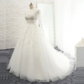 Vestido De Noiva Colher Decote Do Vestido De Casamento De 2022, Uma Nova Linha De Mangas Compridas Vestido De Noiva Barato Apliques Bola Vestido De Noiva Vestido