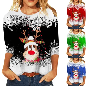 Mulheres T-shirt Tee floco de Neve Brilhante Árvore de Natal, Natal, fim-de-Semana de Pintura camiseta de Manga Longa O Pescoço Básica Blusa de Inverno Tops