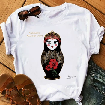 Boneca russa, T-Shirt de Roupas femininas 2022 Engraçado Moda Verão Camiseta Femme Branco Casual T-Shirt Feminina Harajuku Camisa