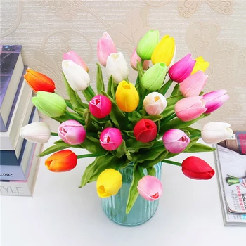 High-end sentir flor artificial PU mini tulipa casamento, casa, decoração de mesa de falso flor 12 cores
